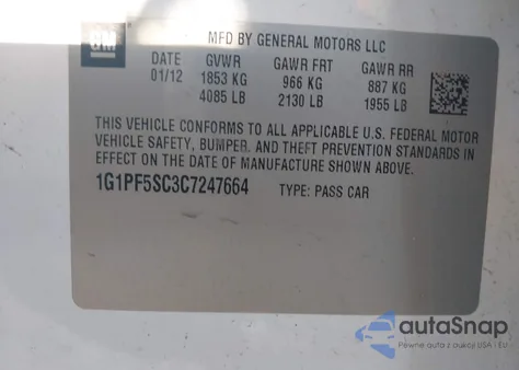 2012 Chevrolet Cruze 1Lt from USA, damaged, VIN 1G1PF5SC3C7247664